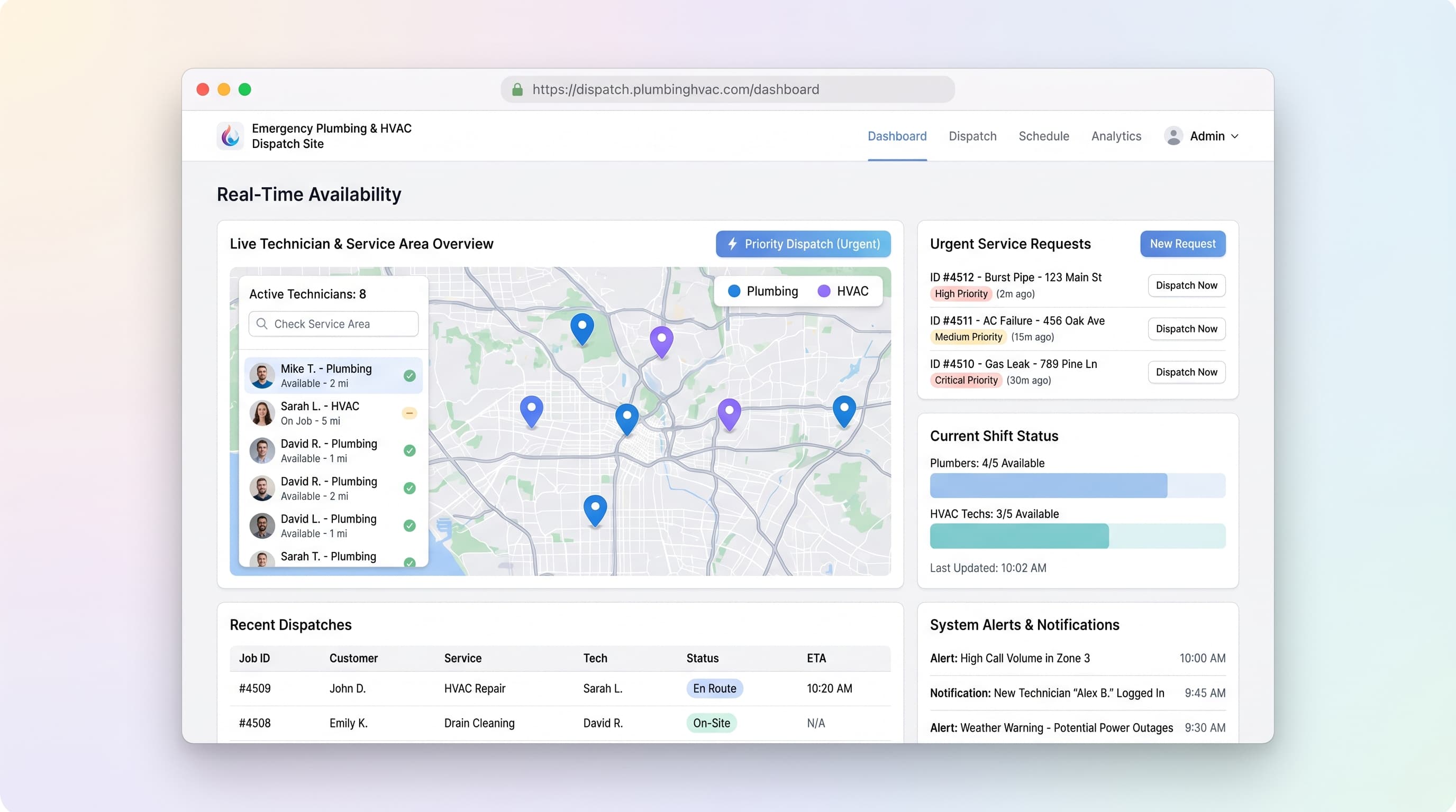 Emergency Plumbing & HVAC Dispatch Site with Real-Time Availability preview