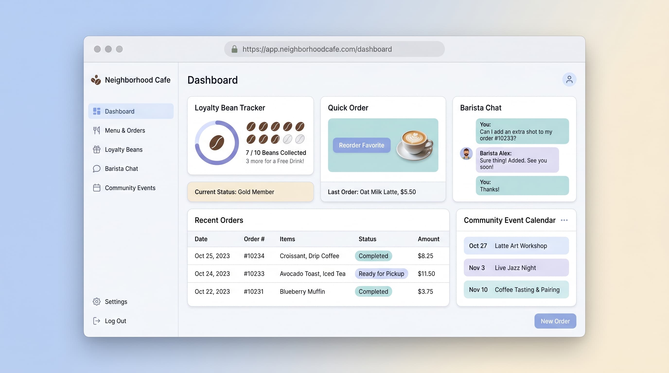 Neighborhood Cafe Order-Ahead App with Loyalty Bean Tracker preview