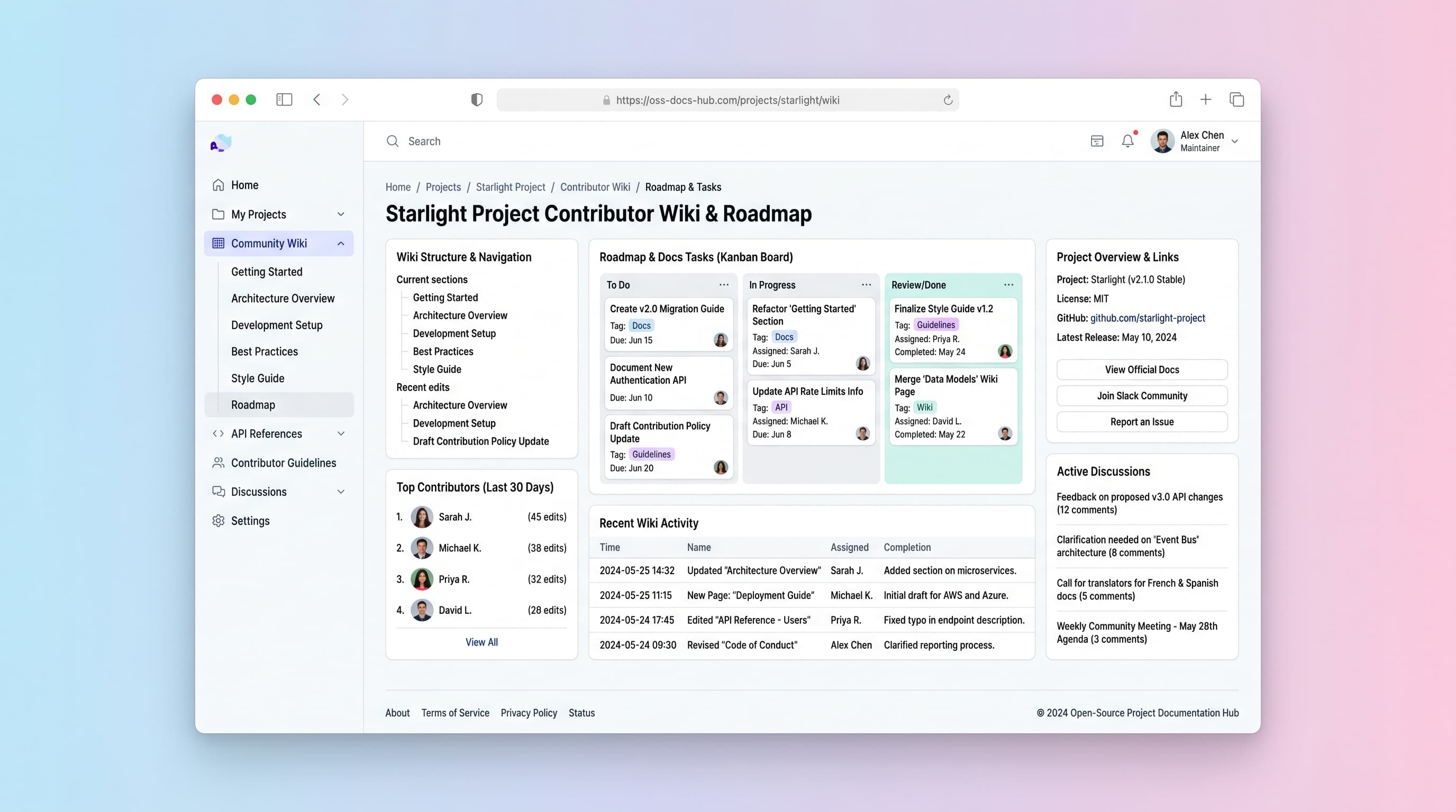 Open-Source Project Documentation Hub with Contributor Wiki preview
