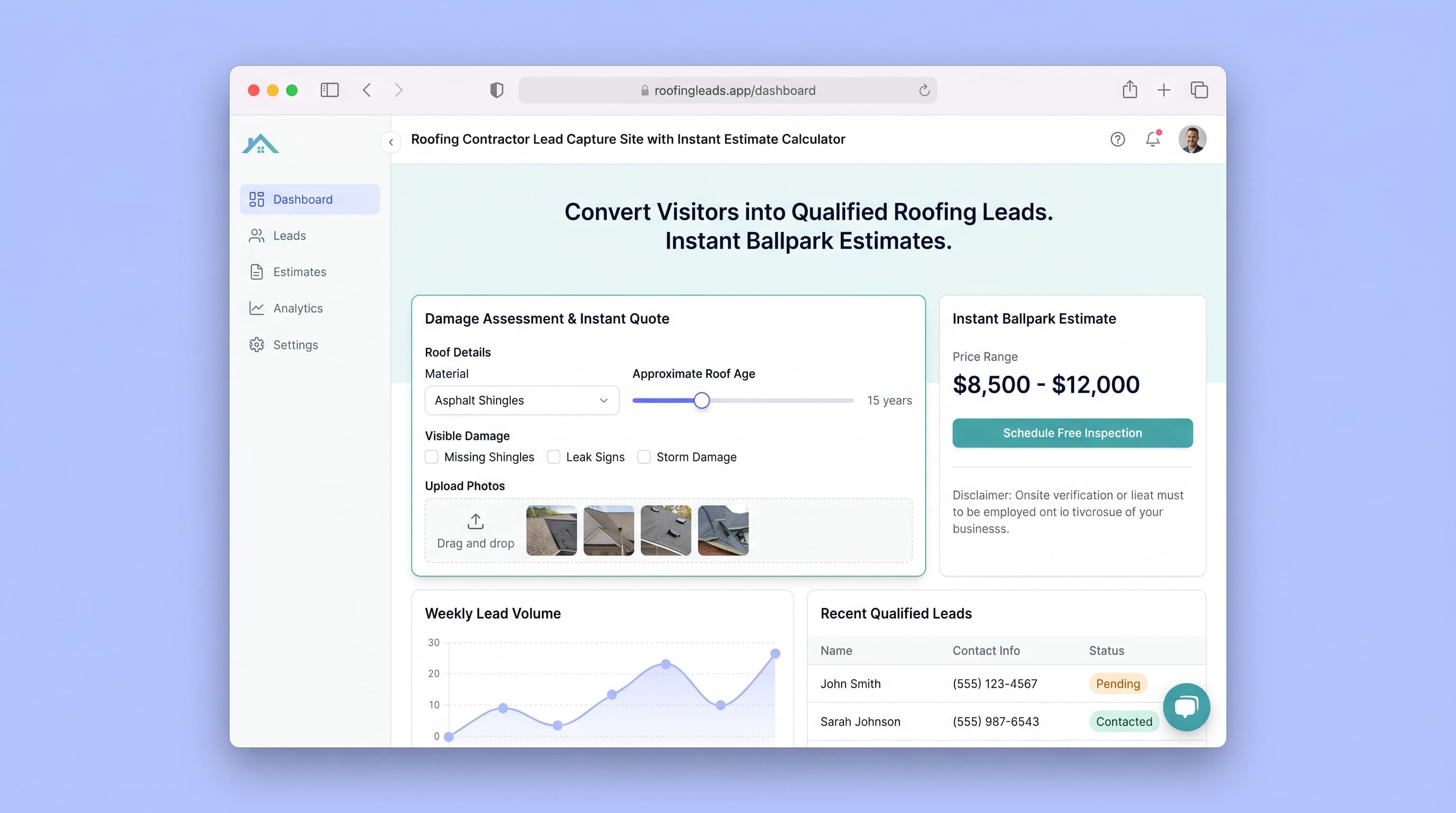 Roofing Contractor Lead Capture Site with Instant Estimate Calculator preview