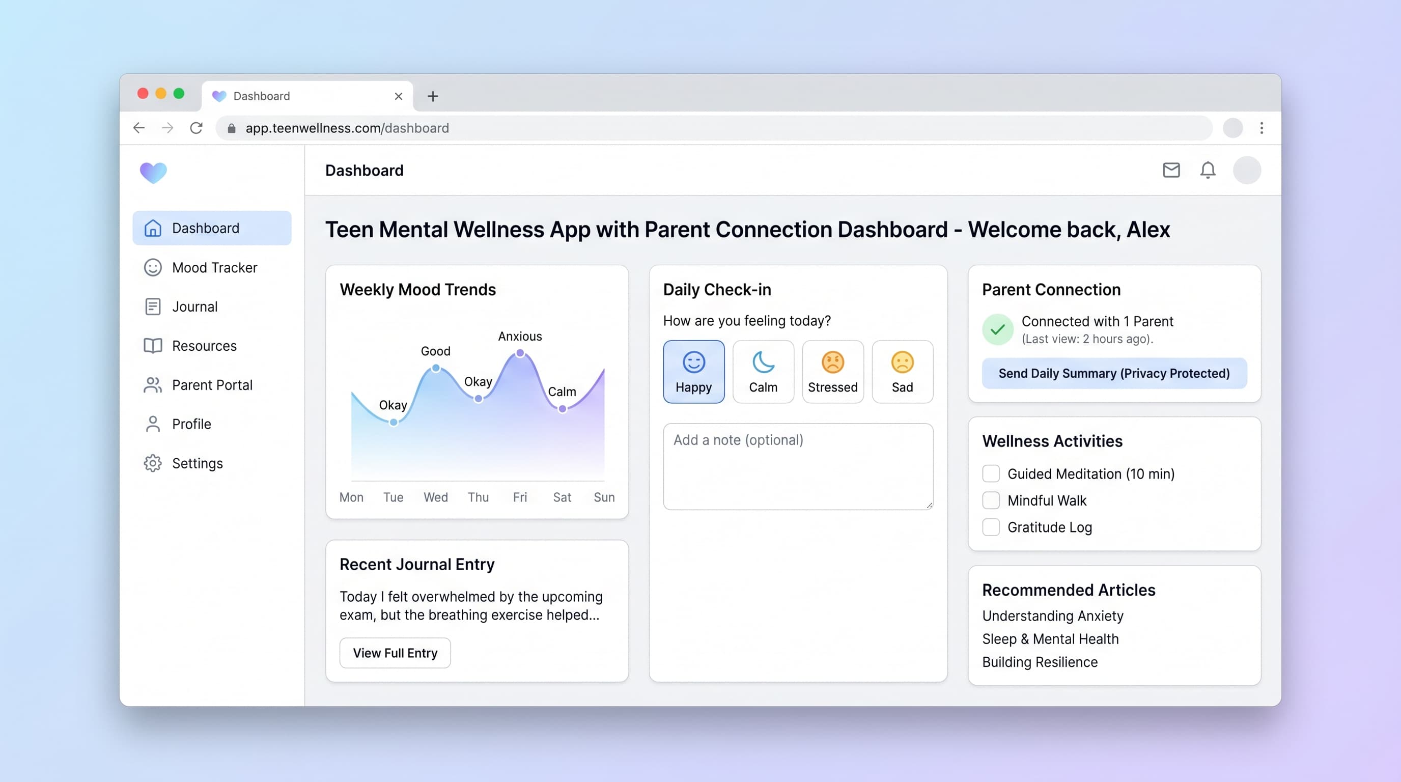 Teen Mental Wellness App with Parent Connection Dashboard preview